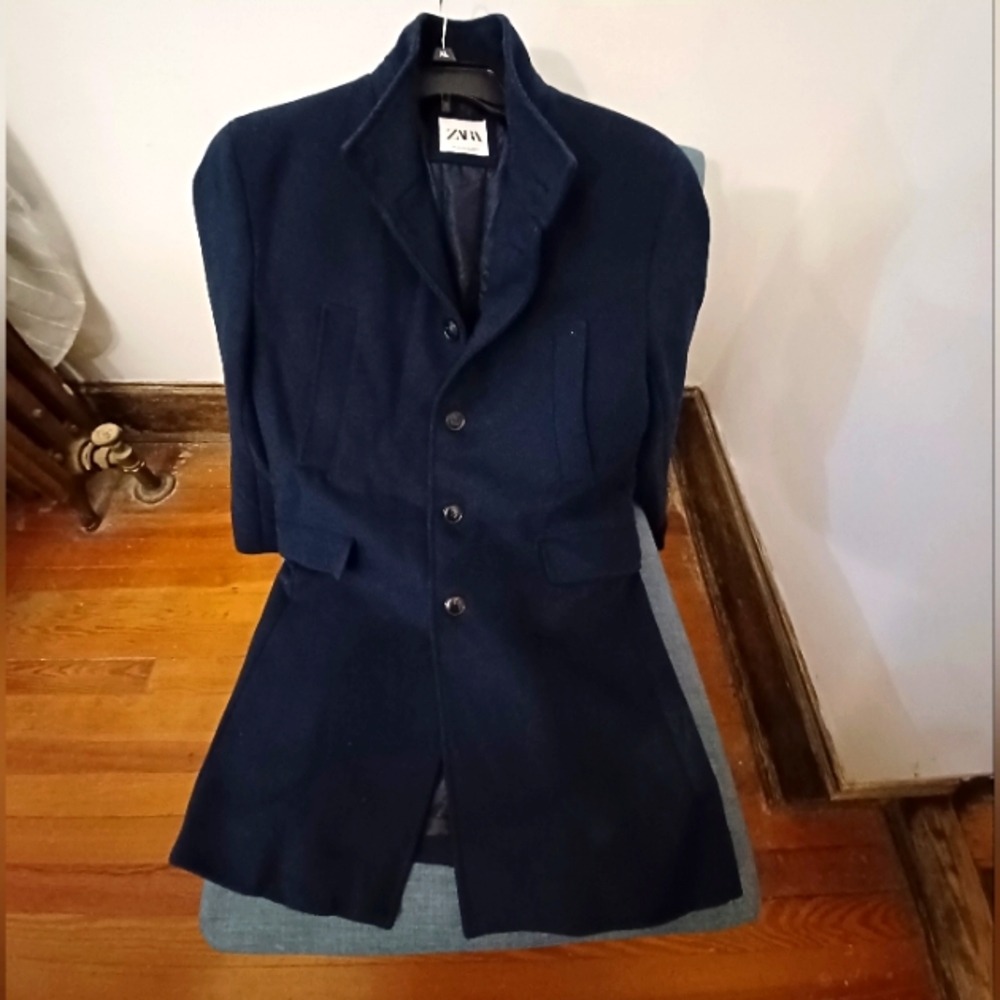 Mens Navy Blue Zara Single Row Button Wool Pea Coat